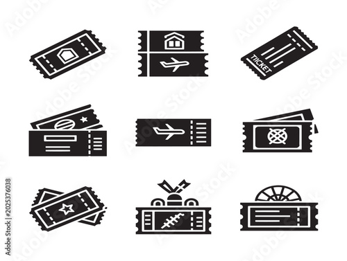 Ticket icons, flat vector illustration