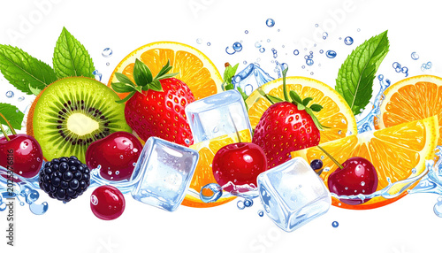 A vibrant horizontal illustration displays a colorful assortment of sliced citrus, berries, mint, and ice cubes amid refreshing water droplets