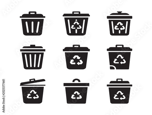 Trash can icons, recycling bins, waste containers vector illustration