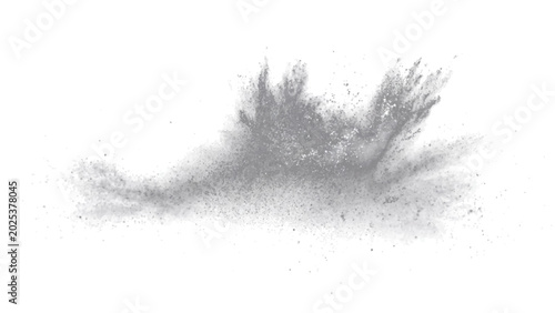 Bild auf Leinwand Explosion of fine grey powder mid-air, creating dramatic particle cloud against stark white backdrop, hinting sudden disruptive force or energetic release