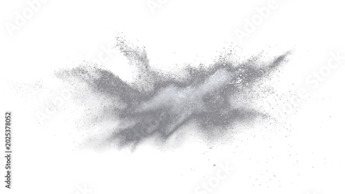 Photos Abstract explosion gray powder dust cloud, dynamic particle dispersion, conveying energy and movement