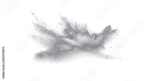 Fotografie Explosion of fine grey powder creating dynamic abstract cloud effect, reminiscent of cosmic dust or chemical reaction, captured in mid-air against clean backdrop