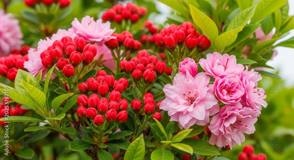 Fototapeta premium Vibrant Rhododendron Bush with Pink Flowers and Red Buds in Full Bloom.