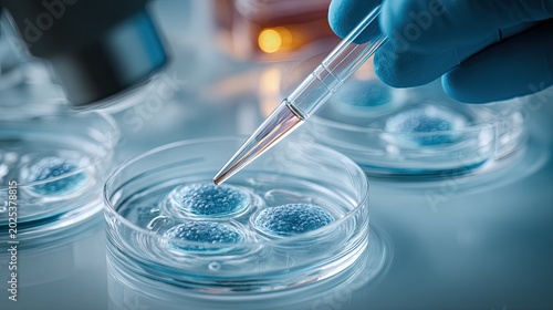 Lab pipette operating cell samples in petri dish, biomedical research experiment for biotechnology micro development
