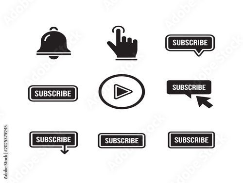 Subscribe call-to-action icons set vector flat illustration with bell notification and play button