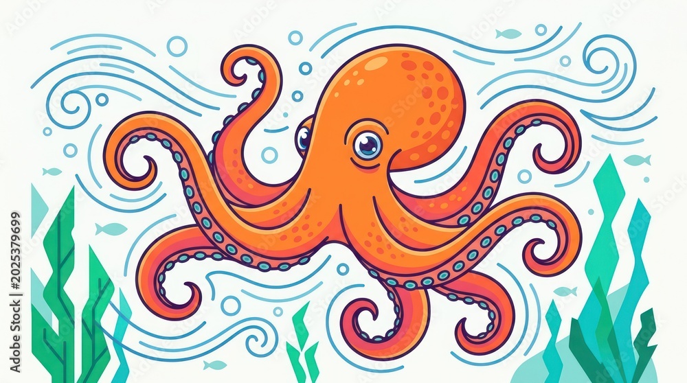 Fototapeta premium Cute Cartoon Orange Octopus Swimming Underwater with Seaweed and Bubbles