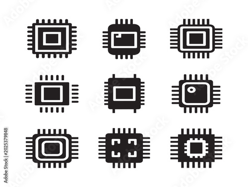 Collection of microchips and processors vector illustration flat design