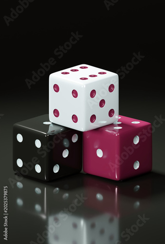 Obraz na plátně Three stacked Dice, Black Forest Dice with White dots, White Dice with Fandango dots, Fandango Dice with White dots
