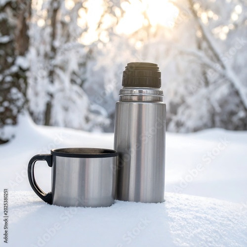 Metallic thermos and mug on snow in winter sunlight outdoors scene