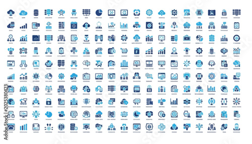Big data and business analytics icon set, 200 blue technology vector icons, cloud computing and digital marketing symbols for web design and infographics