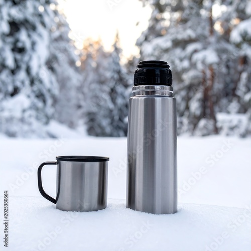 Metallic thermos and mug on snowy ground in winter forest environment