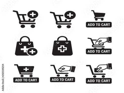 Shopping cart and bag icons with add to cart buttons vector flat illustration