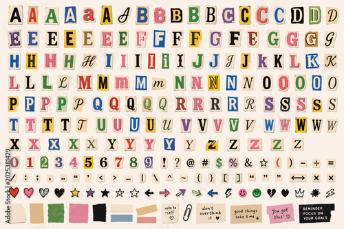 Ransom note alphabet letters, vintage magazine cutouts and newspaper clippings, colorful collage typography set with numbers and symbols for punk design