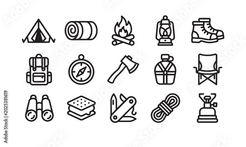 Quadro su tela Camping equipment and outdoor recreation activity icons set for forest travel sign