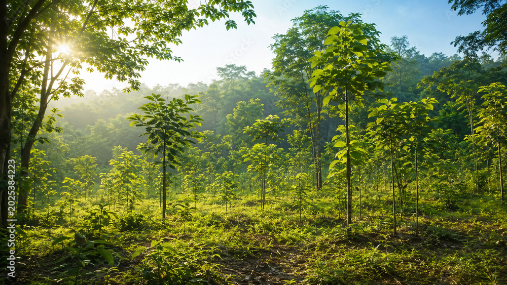 Fototapeta premium Young Trees Growing in Tropical Forest Restoration Area