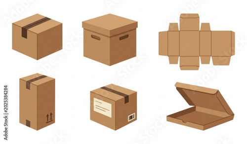 Tableau sur toile Minimal brown cardboard packaging box icon set flat vector illustration isolated