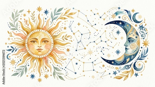 Boho Sun and Moon Illustration with Constellations and Stars