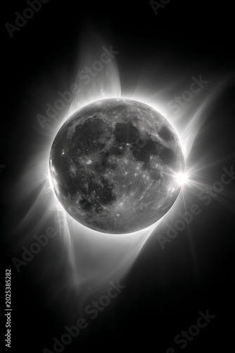 Stunning Black and White Image of a Celestial Body with Radiant Light and Ethereal Glow.