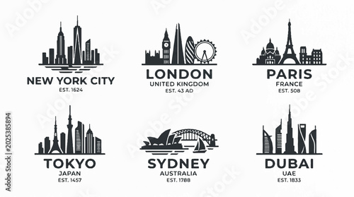 Global city skylines collage featuring New York, London, Tokyo, Sydney, and Dubai silhouettes.