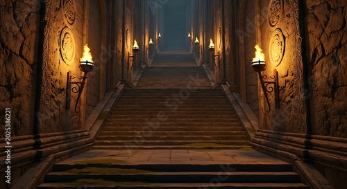 Ancient Stone Staircase with Torches.