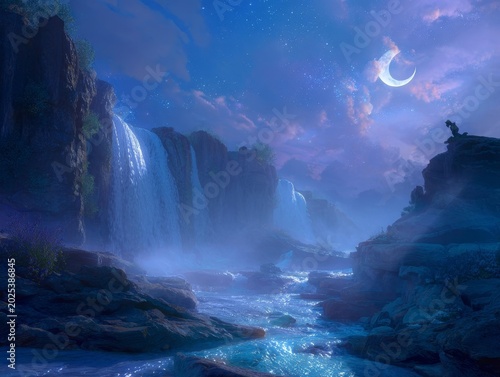 a majestic waterfall flows through dark, rocky cliffs under a luminous crescent moon in a mystical night landscape
