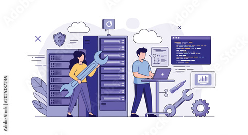 IT professionals performing maintenance and server repairs in a data center using specialized tools and laptop computers.
