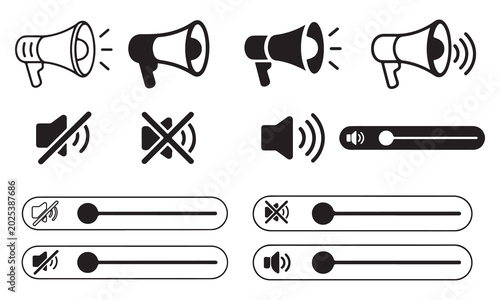 Megaphone announcement and audio sound volume control slider icons set