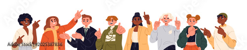 Group of diverse happy kids pointing fingers. Cute children are gesturing left, right, up, and down sides, showing direction with hands. Flat isolated vector illustration on white background