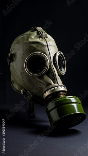 Military gas mask against black background protective equipment concept
