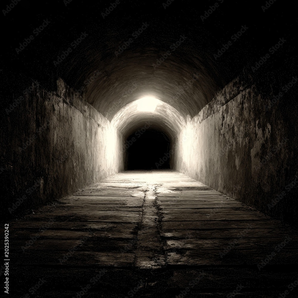 Obraz premium Dramatic perspective down a long, empty stone corridor illuminated by a bright light at the vanishing point.