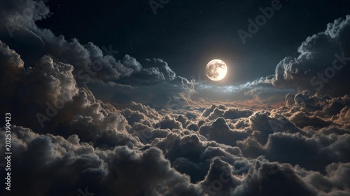 A luminous full moon emerges from heavy, dark storm clouds during a dramatic night sky.
