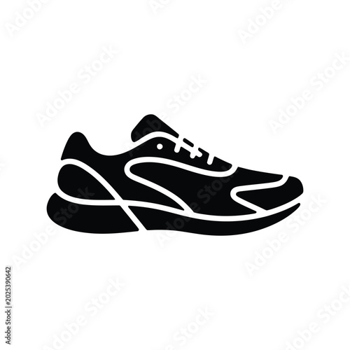 Black and white of a stylized running shoe with dynamic motion lines sneaker athletic shoe