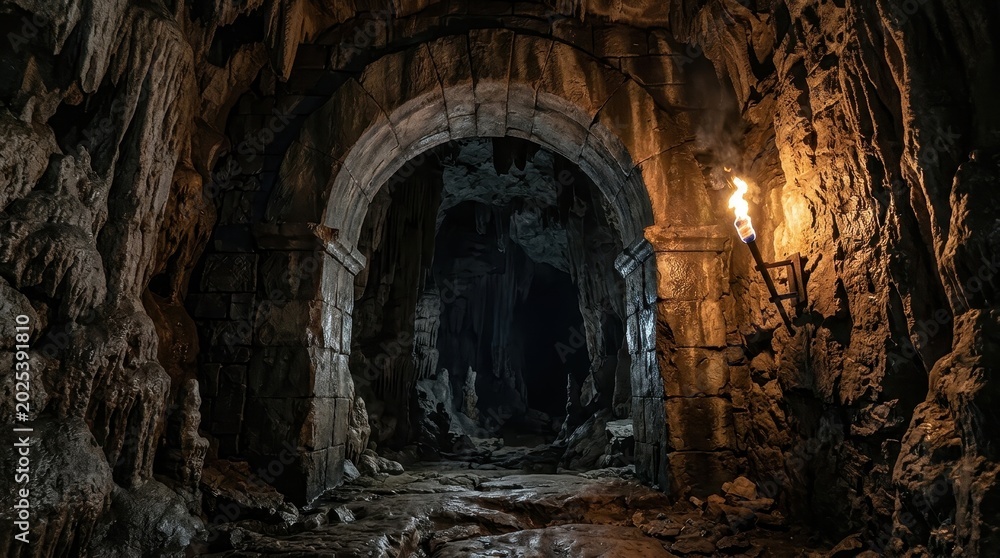 Naklejka premium Ancient Stone Dungeon Tunnel Entrance Illuminated by Torchlight