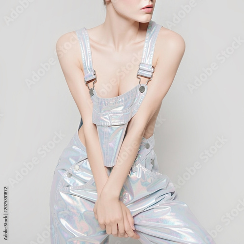 Trendy cyberpunk style girl in glowing laser material festival clothing