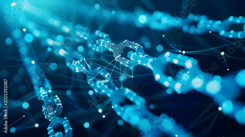 A futuristic digital illustration showing rows of interconnected virtual chains made of glowing blue code pixels and data points, representing cryptocurrency safety and blockchain technology.