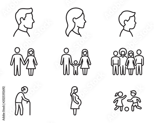 People and family life cycle outline icons for social applications. Vector illustration