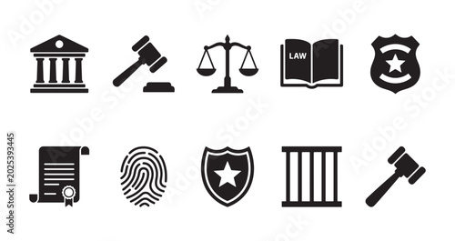 Cuadro en lienzo Law and judicial system icons set in solid black vector style