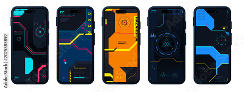 Set of five futuristic smartphone screen mockups with neon geometric HUD interfaces, dark backgrounds, and cyberpunk tech design elements. Cyberpunk wallpapers vector illustration