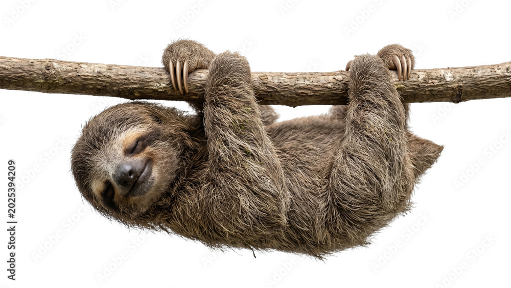 Fototapeta premium Adorable three-toed sloth hanging upside down from tree branch, slow-moving mammal with long claws and fur, serene and peaceful expression on face, isolated on transparent background