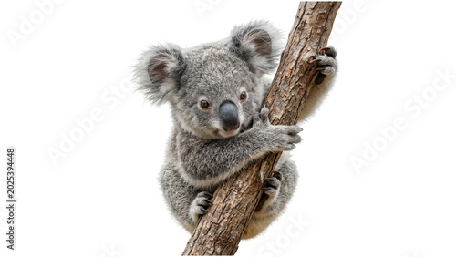 Foto Cute baby koala clinging to tree trunk, fluffy grey fur, large round ears, curio