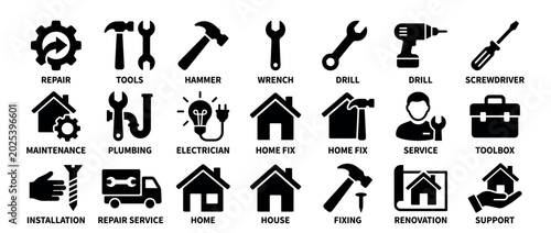 Comprehensive collection of black silhouette home repair and maintenance icons, clearly depicting various tools and services