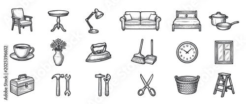 Collection of various household items and tools, rendered in a detailed vintage engraving style, showcasing everyday objects