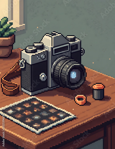 Pixel art of a vintage film camera, prints, and gear on a table, depicting the timeless hobby of analog photography and the art of preserving cherished memories