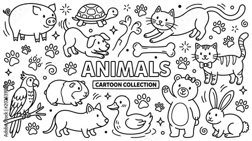 Konstfotografi Cartoon animal collection line art with various domestic pets.