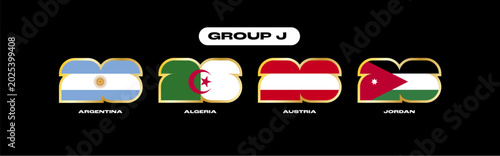 International soccer competition graphic featuring group J flags argentina, algeria, austria, jordan