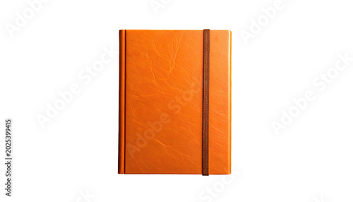 A close-up view presents an orange leather notebook with an elastic band closure, set against a black background