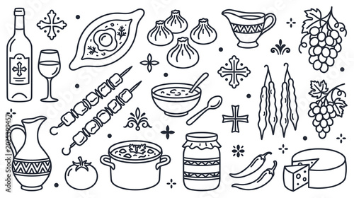 Fotografie Georgian food and drink icons outline traditional cuisine illustration