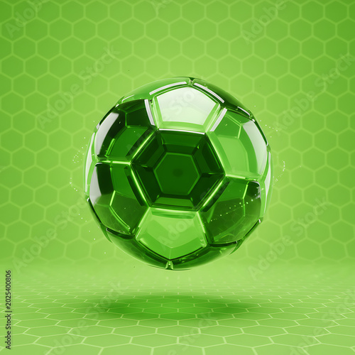 3d soccer ball floating over green geometric background with reflection