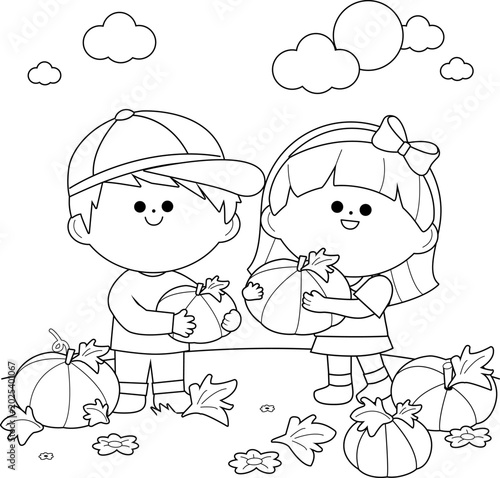 Kids in an autumn pumpkin patch picking pumpkins for Halloween celebration. Children in a pumpkin field work at the farm. Vector black and white coloring page