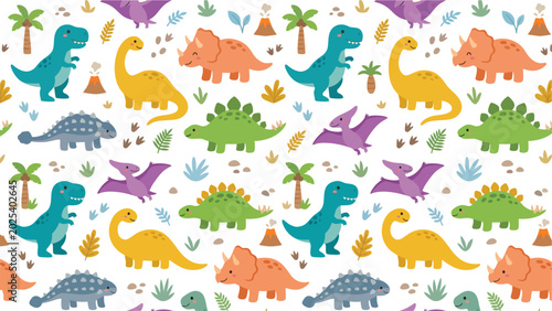 Colorful Cartoon Dinosaur Pattern with Various Prehistoric Creatures in a Seamless Repeating Design.
